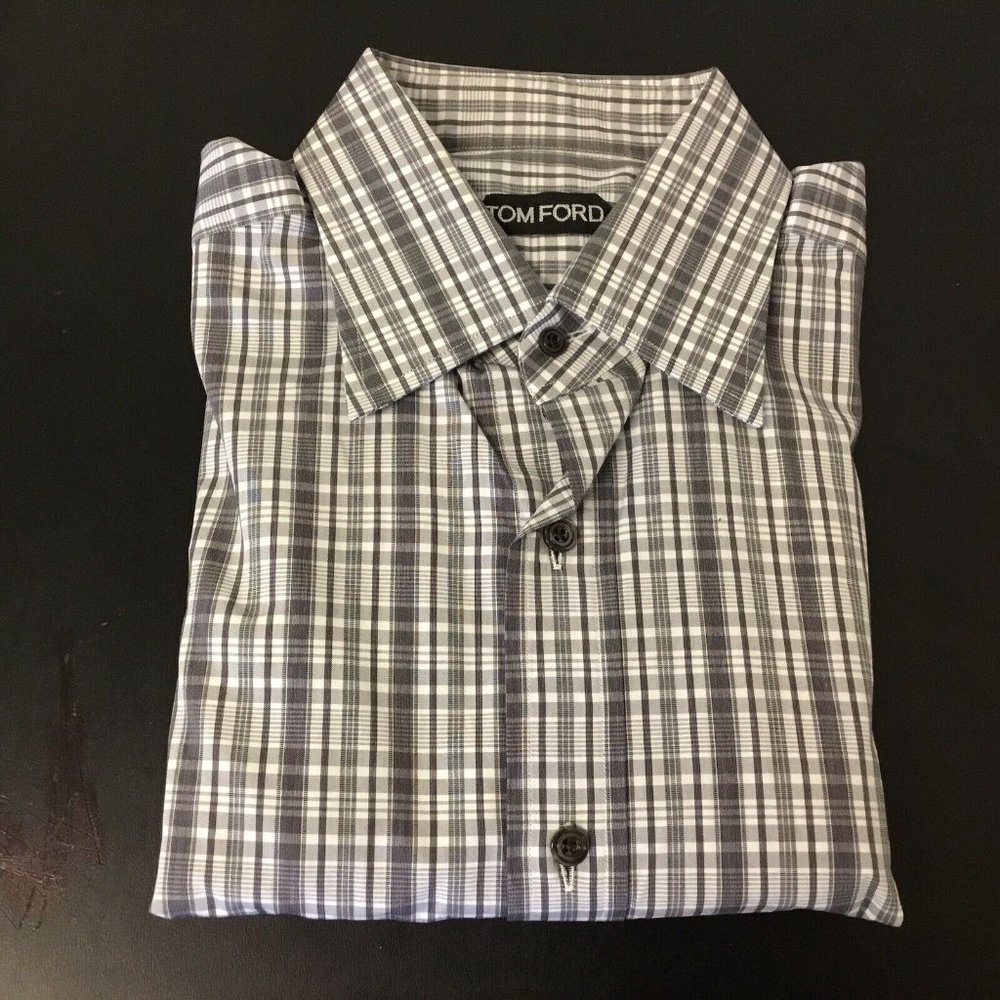 Tom Ford Men's Dress Shirt Size 15.5-39 Gray/White Plaid Button Front Cotton
